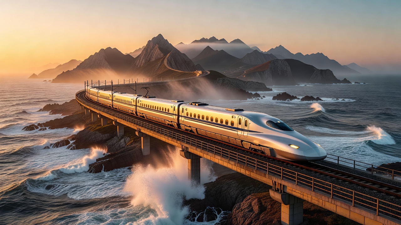 Shinkansen along the coast at sunrise