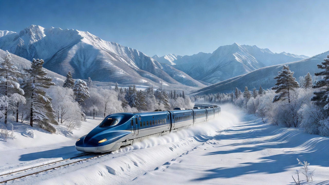 北海道、雪原を走る列車